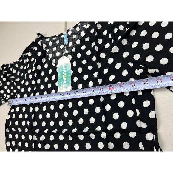 Women's Medium Black Polk Dot Short Sleeve V Neck Loose Chiffon Blouse Top - Picture 3 of 6